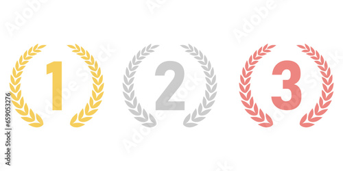 Set of Award First, Second and Third Places. Gold, Silver and Bronze Laurel Wreath for Trophy Cup. Champion and Winning Concept. Vector Illustration.