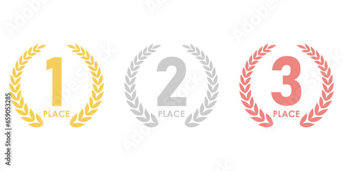 Set of Award First, Second and Third Places. Gold, Silver and Bronze Laurel Wreath for Trophy Cup. Champion and Winning Concept. Vector Illustration.