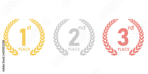 Set of Award First, Second and Third Places. Gold, Silver and Bronze Laurel Wreath for Trophy Cup. Champion and Winning Concept. Vector Illustration.