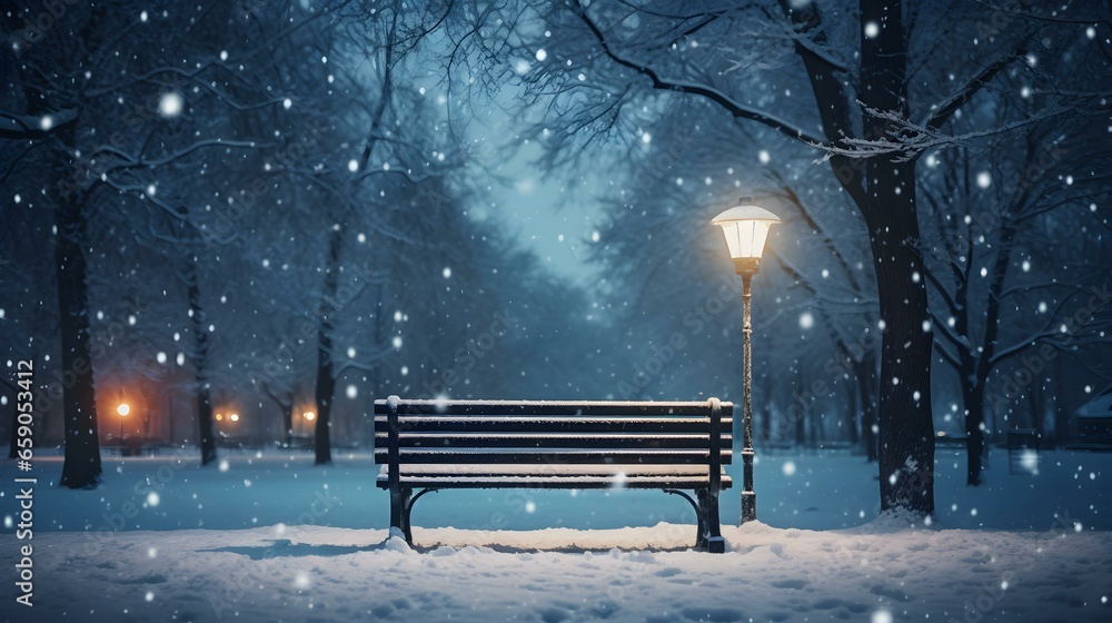 Snow falls on an empty Park Bench at Night in Winter. Christmas Backdrop - obrazy, fototapety, plakaty 