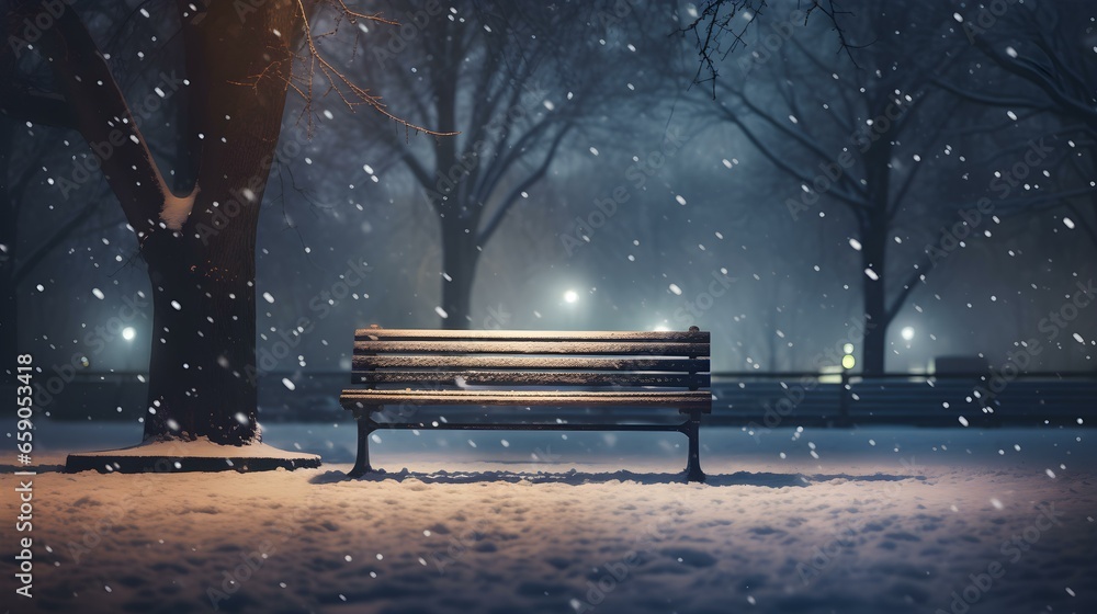 Snow falls on an empty Park Bench at Night in Winter. Christmas Backdrop
