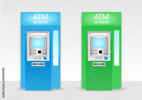 ATM- Automated Teller Machine. ATM Machine standing near the Wall. Vector Illustration. 