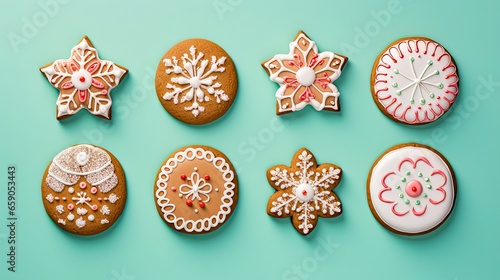 Original Christmas cookies on a blue pastel background, image generated with AI