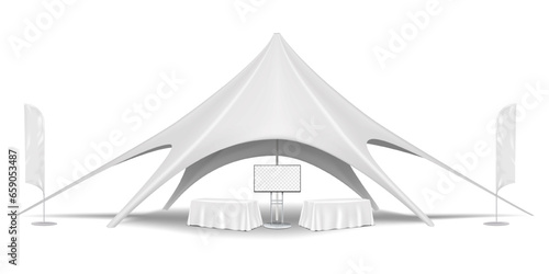 Exhibition mock-up set. Star canopy tent, tables covered with tablecloths, blade wind flags, digital display stand. Blank white template for promotional design