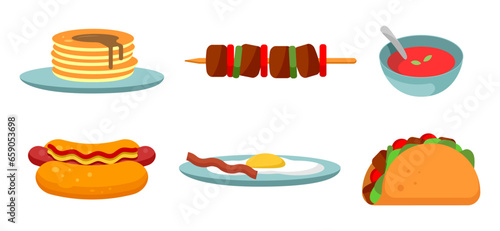 set of icons of food. Soup, kebabs, hot dog, porridge and soup. Delicious dishes and street food vector illustration
