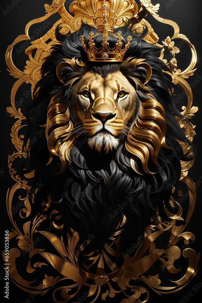 golden lion head with crown, lion king golden lion head with crown, lion king