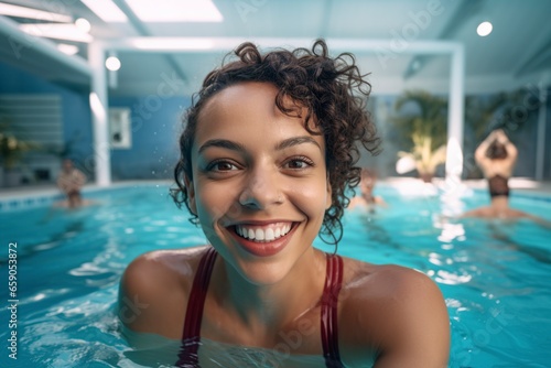 delighted young woman swimming in the pool and smiling