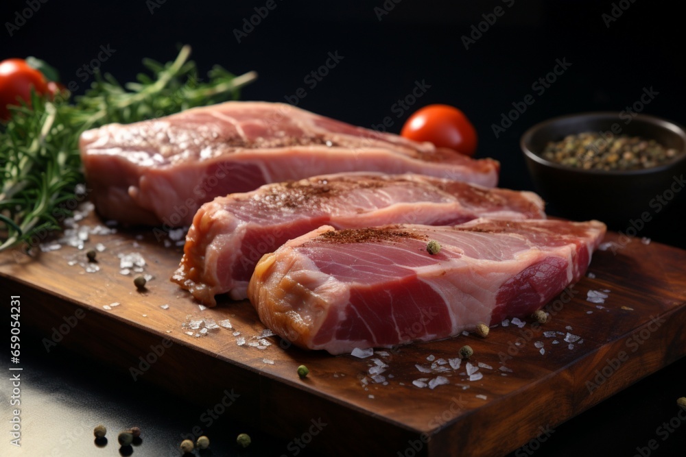 A mouthwatering scene Fresh, juicy pork on a wooden board, accented with spices and salt