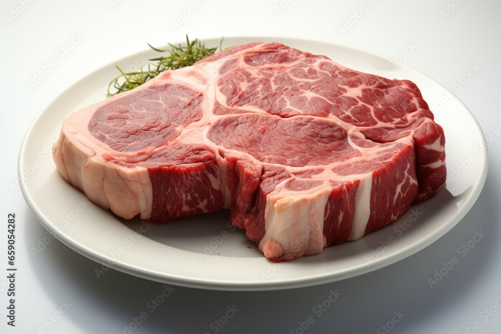 A pristine white round plate features a raw, marbled T bone steak