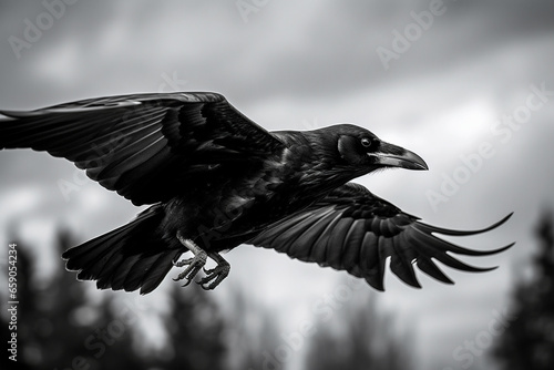 B&W photo of a raven captured in midflight in a northern forest, in the style of award winning wildlife photography. photo