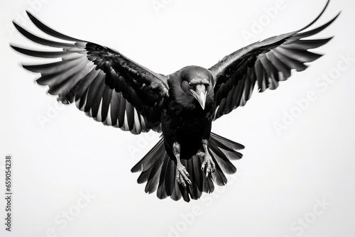 B&W raven captured in midflight in a northern forest, in the style of award winning wildlife photography. photo