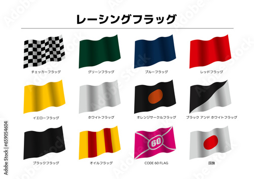自動車レースで使用されるレーシングフラッグ 日本語表記