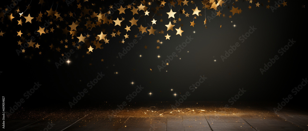Sparkling New Year's Celebration, Shining 2024 with Gold Stars on Black Background - obrazy, fototapety, plakaty 