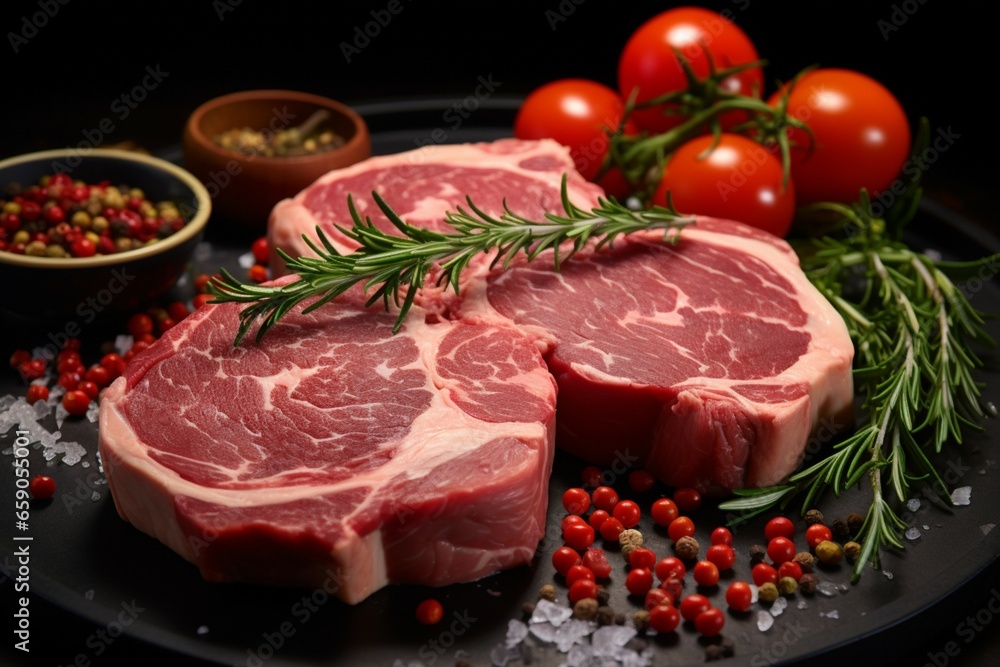 Choice between a bone in raw beef steak or ossobuco, seasoned with salt, spices, and herbs