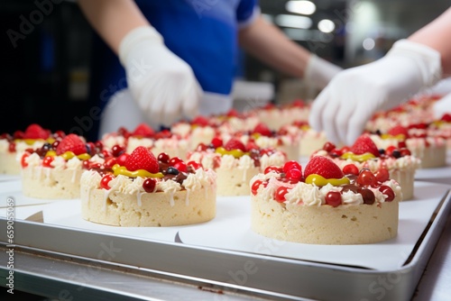 Confectionery factory magic Cakes adorned on a conveyor with skilled precision