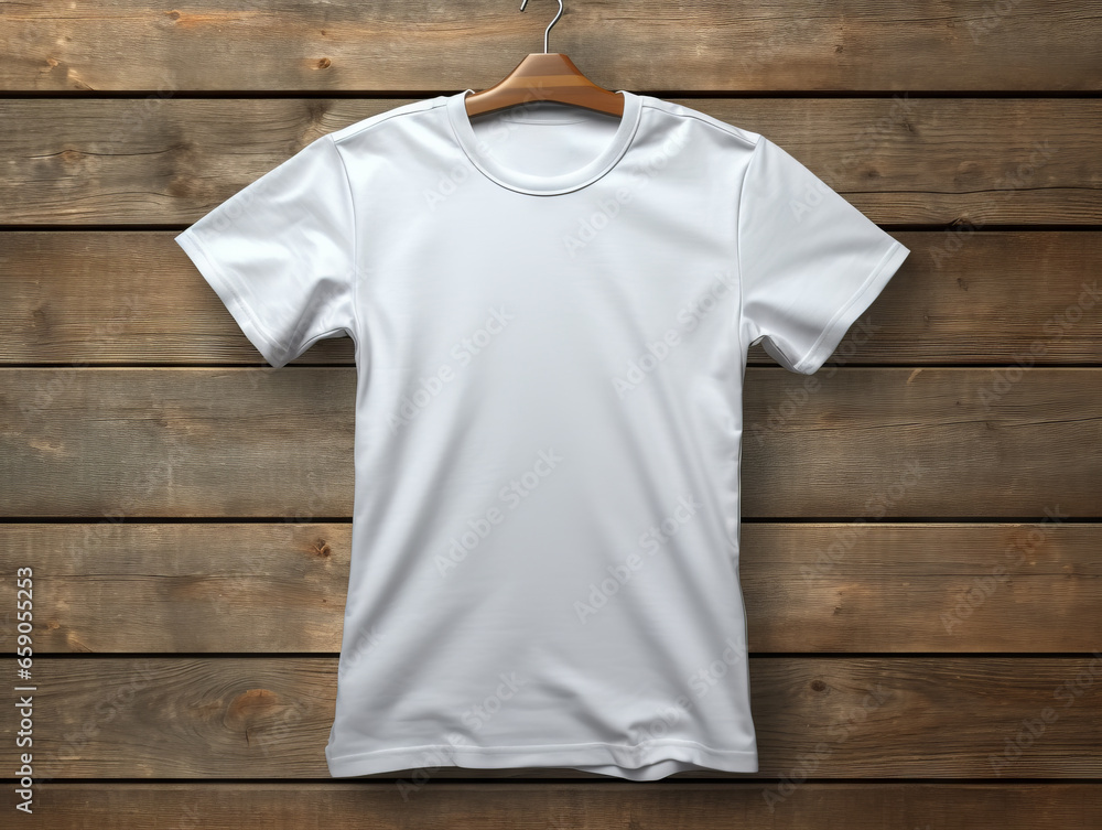 Blank tshirt on a hanger on a wooden background. Generative AI Blank tshirt on a hanger on a wooden background. Generative AI