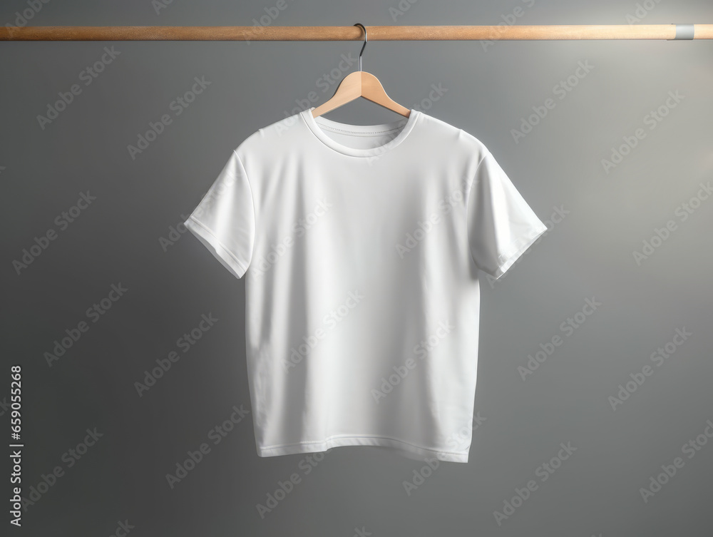 White tshirt hanging on wooden clothes rack. Mockup for design. Generative AI White tshirt hanging on wooden clothes rack. Mockup for design. Generative AI