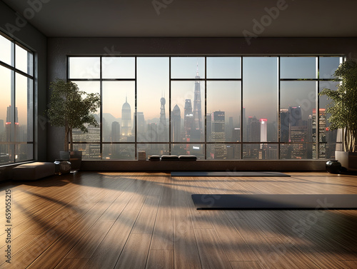 Interior of modern living room with panoramic city view. Generative AI