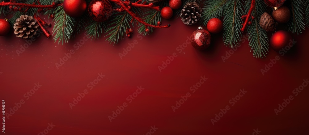 Christmas themed still life arrangement with red ornaments and fir tree branches on a red backdrop Overhead shot with blank area for text - obrazy, fototapety, plakaty 