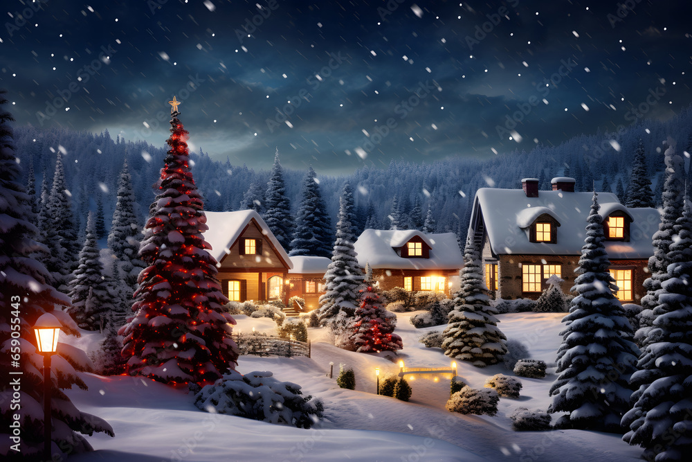 A beautiful outdoor Christmas scene illustration of a Christmas house with snow winter landscape in a village. Winter holiday night time backdrop .falling snow night town with lanterns on road.