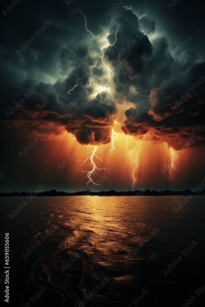The electric power of nature is on full display as a brilliant lightning storm illuminates the dark sky, reflecting off the tranquil waters below