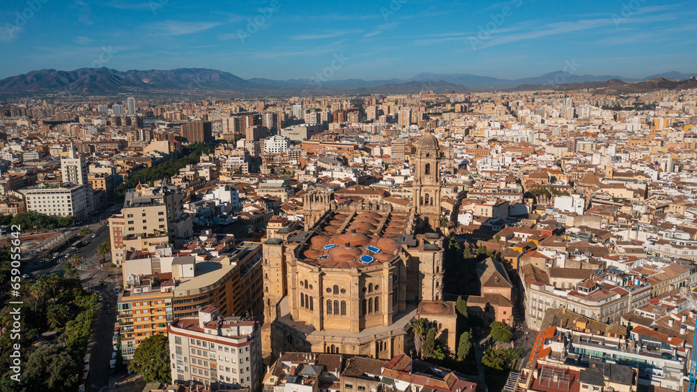 Aerial photo from drone to Malaga Cathedral and old town city Malaga at sunrise. Malaga,Costa del sol, Andalusia,Spain, (Series)
