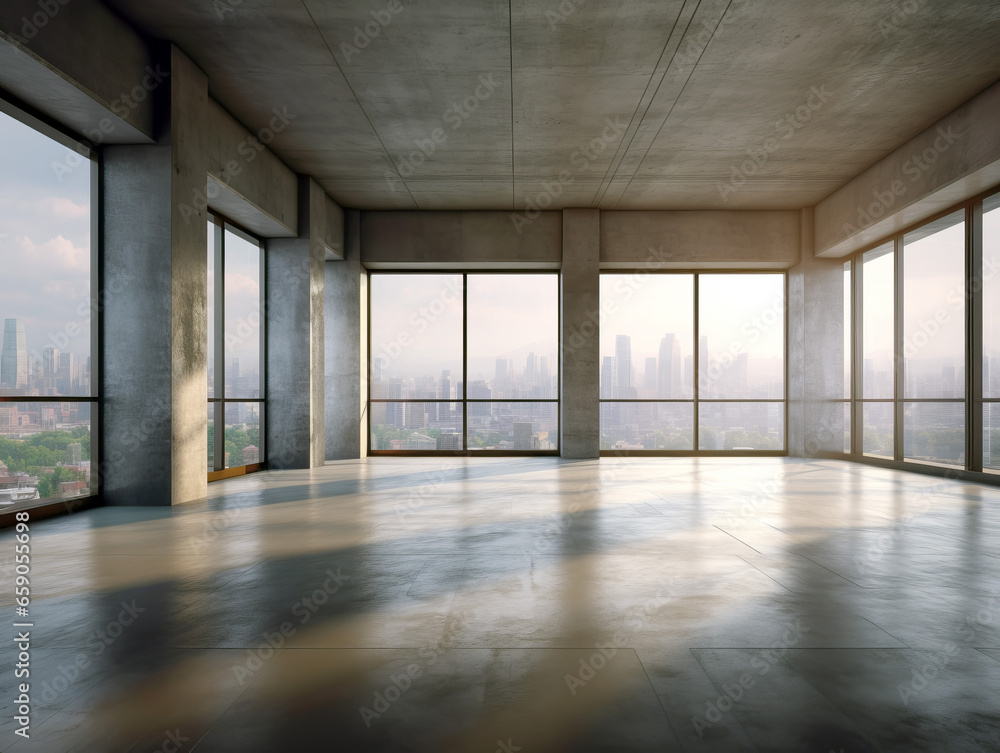 Empty concrete room interior with city view window and sunlight. Generative AI