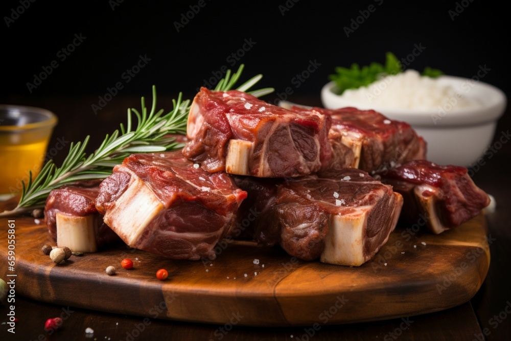 Freshly sliced oxtail with spices and rosemary, presented on a wooden board