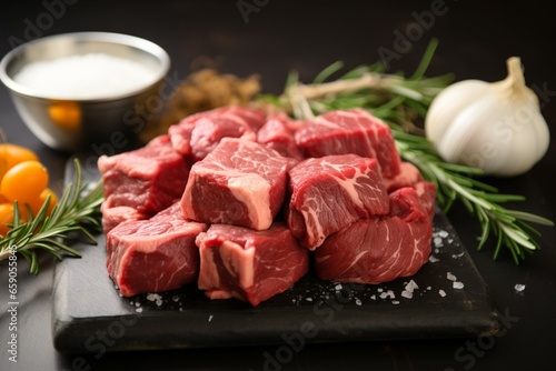 Freshly sliced beef adorned with garlic, onion, salt, pepper, and rosemary