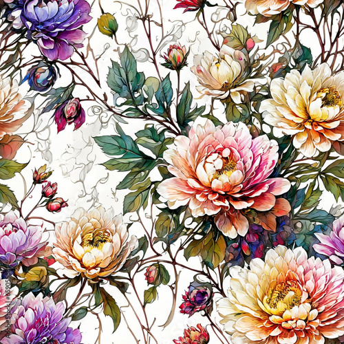 Colorful Flower Blossoms Painting Seamless Pattern Colorful Digital Background Floral Design - ai generated