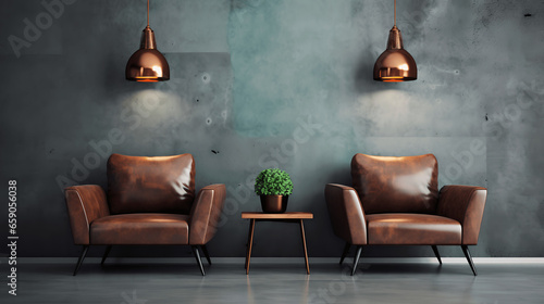 Copper Lounge Chairs Against Concrete Wall in Loft-Style Modern Living Room, generative Ai