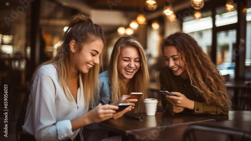 stockphoto  copy space  Group of young women having fun sharing media with an cellphone. Three girls looking to the smartphone on a coffee shop  restaurant or bar. Young people enjoying while using in