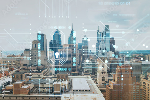 Fototapeta Naklejka Na Ścianę i Meble -  Aerial panorama city view of Philadelphia financial downtown at day time, Pennsylvania, USA. Glowing Padlock hologram. The concept of cyber security to protect companies confidential information
