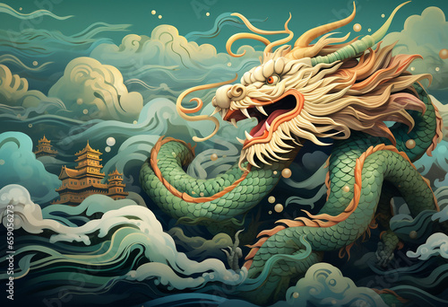 Mystical Asian Dragon Soaring through Golden Clouds  Celebrating 2024 Chinese New Year