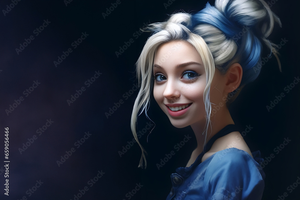 illustrated of a young girl in a magic creature cosplay, wearing dark Halloween make up, contact lenses and violet hair, looking scary. Generative AI. illustrated of a young girl in a magic creature cosplay, wearing dark Halloween make up, contact lenses and violet hair, looking scary. Generative AI.