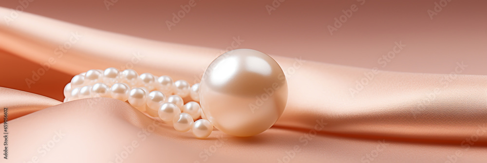 LUXURY BACKGROUND WITH PEARL NECKLACE ON WHITE SILK MATERIAL. MACRO, HORIZONTAL IMAGE. image created by legal AI LUXURY BACKGROUND WITH PEARL NECKLACE ON WHITE SILK MATERIAL. MACRO, HORIZONTAL IMAGE. image created by legal AI