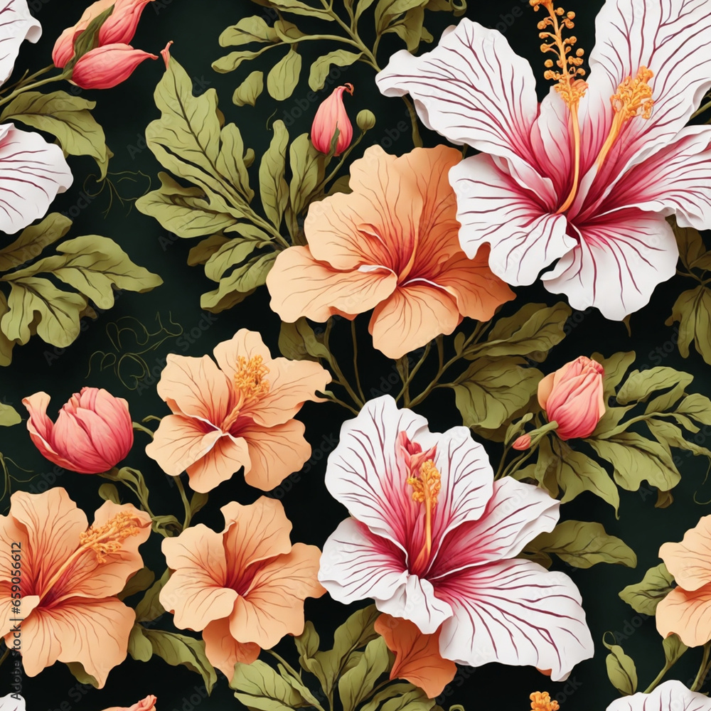 Hibiscus Flowers Colorful Blossoms Seamless Pattern Colorful Digital Background Floral Design - ai generated