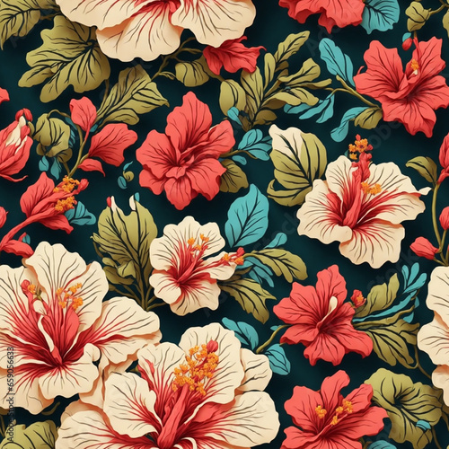 Hibiscus Flowers Colorful Blossoms Seamless Pattern Colorful Digital Background Floral Design - ai generated © amonallday