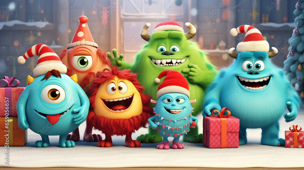 COLORFUL CHRISTMAS CARD WITH HAPPY, FUNNY, CARTOON MONSTERS, legal AI
