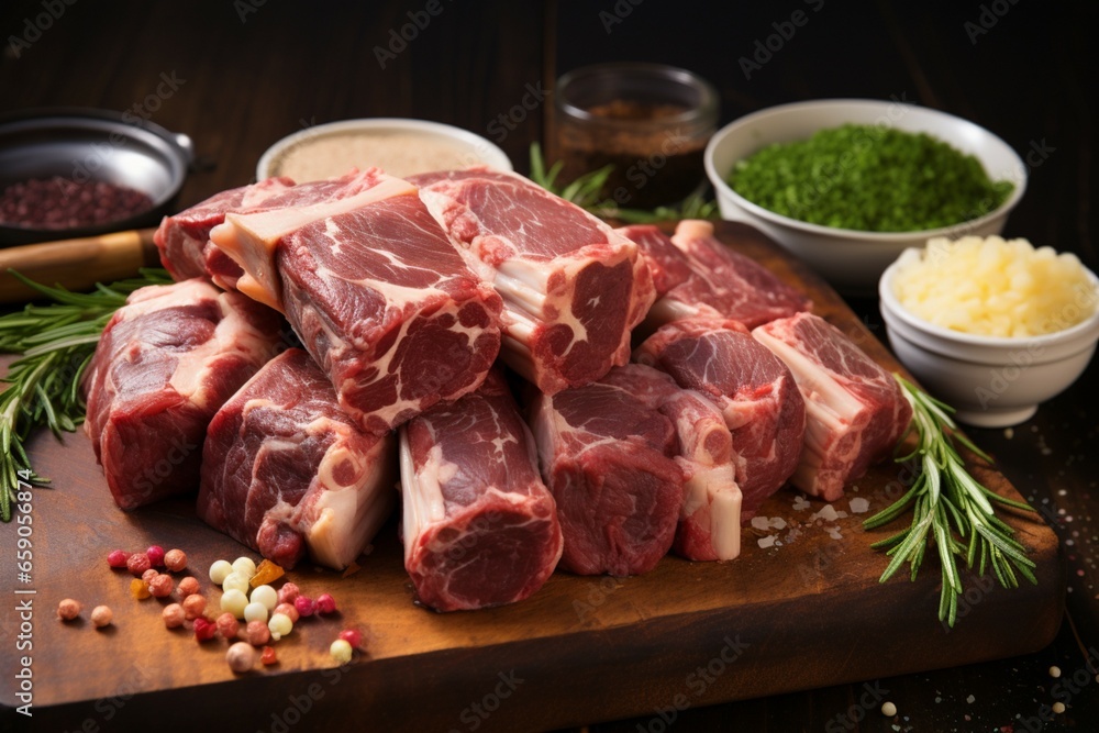 Raw oxtail pieces, accompanied by a selection of spices, on a rustic wooden board