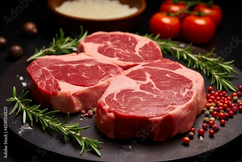 Raw beef steak or ossobuco, prepared with care and seasoned with salt, spices, and herbs