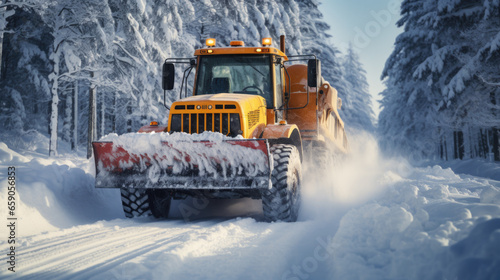 A snow clearing vehicle with a large flight clears a completely snow-covered road