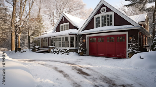 a cozy house with a garage in winter with lots of snow