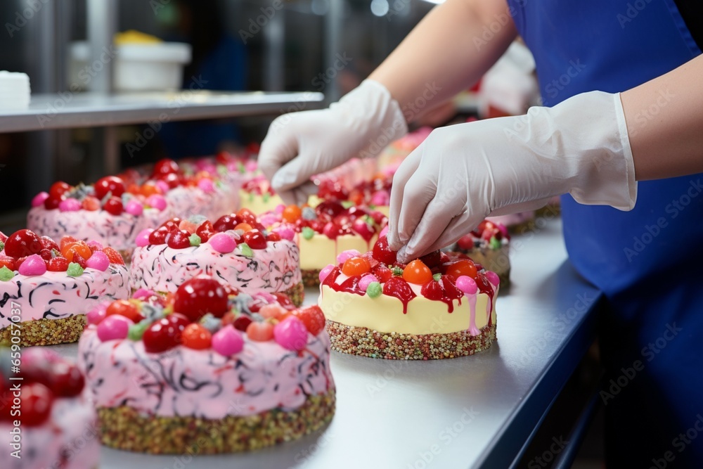 Skillful hands at the confectionery factory decorate cakes on the conveyor belt