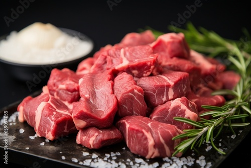 Sliced raw beef, seasoned with garlic, onion, salt, pepper, and rosemary herbs