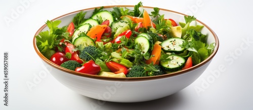 Top view of a vegetable salad in a bowl on a white background