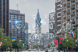 Day time cityscape of Philadelphia financial downtown, Pennsylvania, USA. City Hall neighborhood. Hologram healthcare digital medicine icons. The concept of treatment from disease, Threat of pandemic