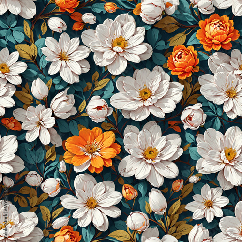 White Orange Flowers Blossoms Art Seamless Pattern Colorful Digital Background Floral Design - ai generated