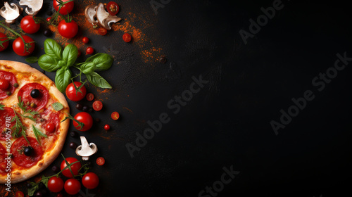 PIZZA INGREDIENTS ON BLACK TABLE WITH EMPTY SPACE FOR INSERT. image created by legal AI 