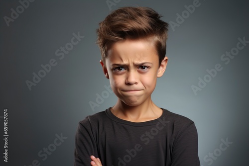 boy squinting his eyes and face in the studio angry photo